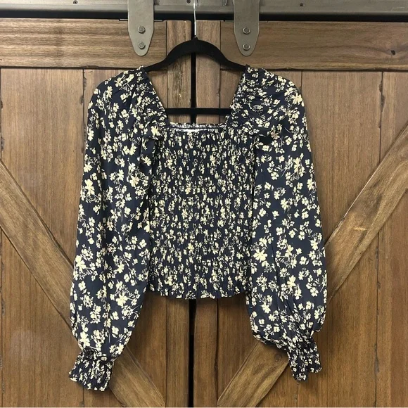 La Ligne Eloise Square Neck Balloon Sleeve Floral Print Silk Top Navy/Tan Size S